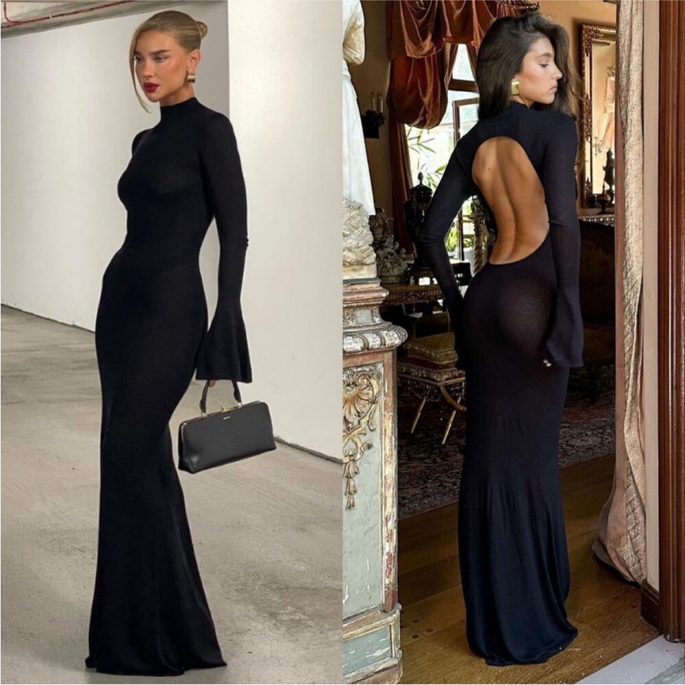 Elegant Black Long-Sleeve Backless Maxi Dress